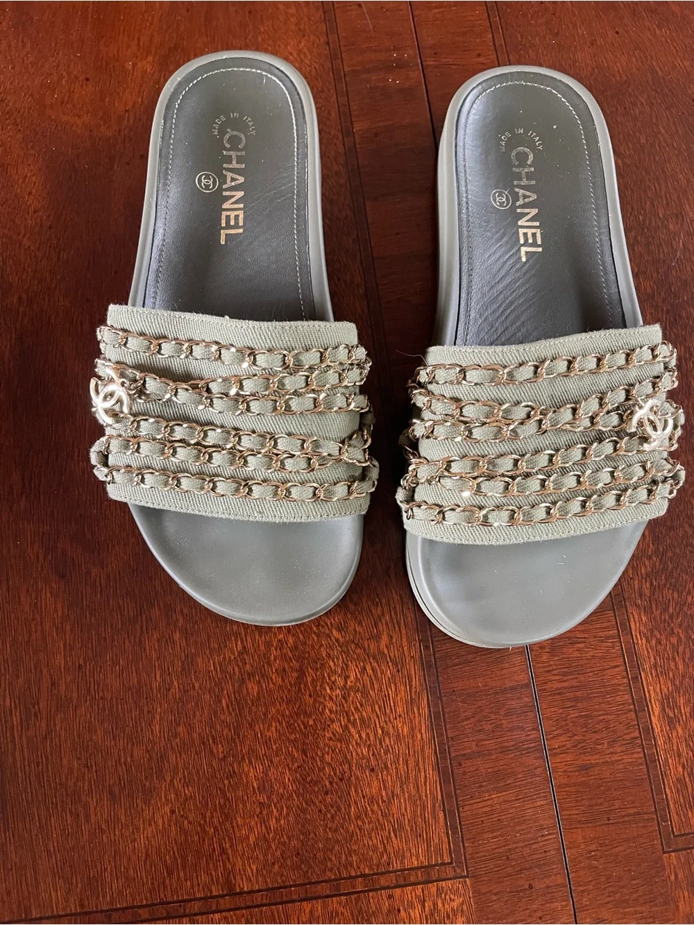 CHANEL Olive Green Chain-Trim Slide Sandals